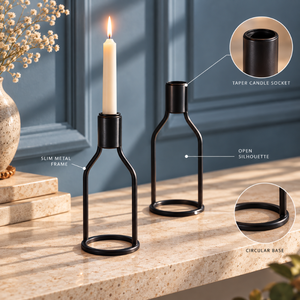 Support de bougie conique en métal noir, cadre ouvert incurvé, décoration de table élancée pour bougies, base circulaire décorative |   Ornement moderne - Product Image 3