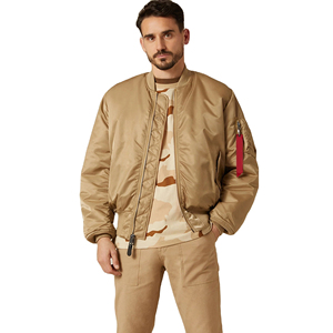 Blouson bomber beige pour homme, col rabattu, fermeture éclair, coupe décontractée, coupe-vent, polyester, pour l'automne, coupe classique, couleur unie - Product Image 2