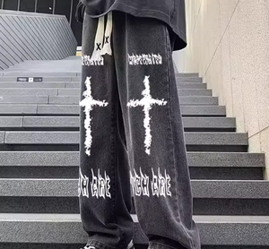 Men s Black Harem Pants Printed Cross Logo Loose Fit Midweight Cotton Denim Autumn Style <b>Hip</b> Hop Front Design - Product Image 5