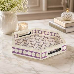 Plateau de service décoratif de luxe artisanal en os incrusté, motif étoile chevron bleu et blanc, pour la vente en gros et la maison - Product Image 4