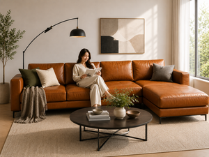Canapé sectionnel moderne en cuir cognac avec chaise longue et pieds métalliques fins pour un salon de luxe, canapé en cuir - Product Image 4