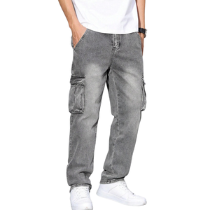 Mens Solid <b>Light</b> Grey Denim Cargo Pants Loose Fit Mid Waist Multi Pocket Casual Washed Utility Jeans - Product Image 1