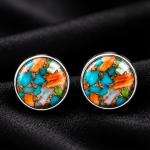 Spiny Oyster Turquoise <b>Stud</b> <b>Earrings</b> Orange Blue Gemstone <b>Silver</b> Tone Round <b>Earrings</b> <b>for</b> <b>Women</b> Wholesale Jewelry - Product Image 1