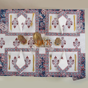 Nappe de table en coton brodé de style bohème, imprimée à la main, motif floral bleu, pour banquets, hôtels, chemin de table - Product Image 5