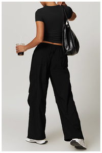Women Yoga Set Crew Neck Racerback Crop Top High Waist <b>Pants</b> Solid Color <b>Spandex</b> Polyester 2 Piece Set Breathable Pockets - Product Image 4