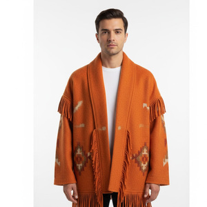 Cardigan en laine orange pour homme avec franges et motif géométrique, manches longues, manteau d'hiver décontracté, col rabattu, tricoté, coupe ample - Product Image 4