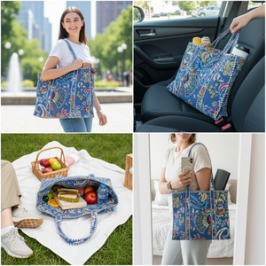 Bolso Tote Azul Hecho a Mano con Estampado, Bolso de Hombro Acolchado de Algodón Ecológico con Asa a Rayas, Bolso Obra Maestra de Alta Costura - Product Image 2