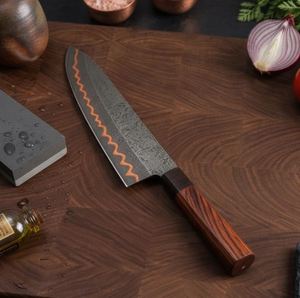 Ensemble de couteaux de chef Thewizcrafts en acier Damas, 5 pièces, lames en acier au carbone, manche en bois, ambidextre, finition haute brillance, style moderne - Product Image 4