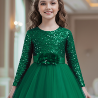 Robe de demoiselle d'honneur verte à sequins la plus vendue, robe de bal de luxe en velours brodé à manches longues, longueur genou, pour anniversaire d'enfants, ODM