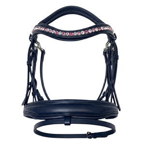 Bridon de cheval élégant noir et blanc en cuir anatomique rembourré, avec frontal incurvé en cristal personnalisé, bridon à mors flottants OEM - Product Image 4