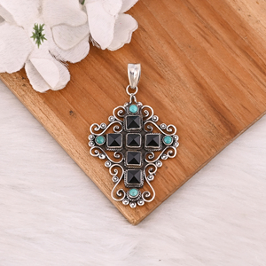 Customized 925 Sterling Silver Cross <b>Pendant</b> With <b>Black</b> Onyx & Turquoise Gemstone <b>Pendant</b> Fine Vintage Jewelry - Product Image 2