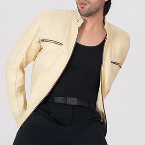 Icon by Gilani <b>Men</b>’s Cream <b>Biker</b> Leather <b>Jacket</b> - Moto Cafe Racer <b>Jacket</b> Cream - Product Image 5