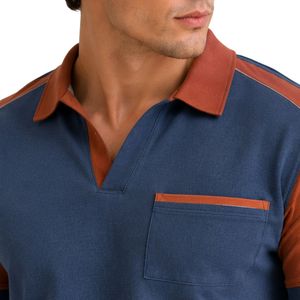 Conjunto de Camiseta Polo y Pantalones Cortos para Hombre en Azul Pizarra y Rojo Óxido, con Bolsillo en Contraste, Estilo Casual de Verano, Dos Piezas, Logotipo Personalizado, Ropa Deportiva Premium - Product Image 3