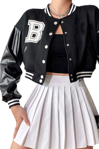 Chaqueta Varsity de Béisbol de Estilo Sencillo y Moderno para Mujer, Fabricante Mayorista, Chaqueta Corta Personalizada de Cuero Genuino y Lana - Product Image 3