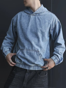 เสื้อฮู้ดยีนส์เดนิมผู้ชายขายดี สีน้ำเงินวินเทจ แบบสวมหัว มีกระเป๋าจิงโจ้ ปักโลโก้ได้ ผ้าฝ้าย 100% - Product Image 4