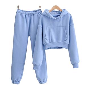 New Arrival Casual Solid Woman's Cotton Fleece Long Tracksuit 2-Piece Crop <b>Top</b> Oversize Sweatshirt Winter <b>Lace</b> Button - Product Image 1