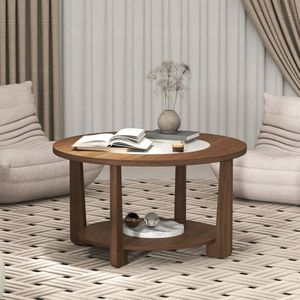 Tavolino da Caffè Rotondo in Stile Rustico con Piano Bicolore e Ripiano Aperto per Arredamento Soggiorno - Product Image 2