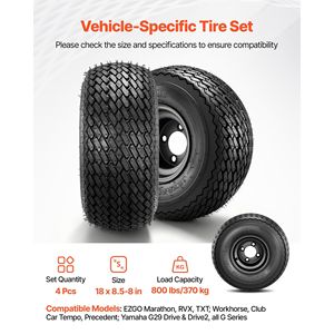 Roues de chariot de golf en acier noir de 8 pouces 18x8.50-8 Combo (lot de 4) en caoutchouc 4 plis pour Club Car EZGO Yamaha, ajustement parfait - Product Image 2
