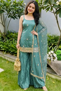Ensemble Salwar Kameez Indien/Pakistanais pour Femme en Soie Fendy Embossée Bleu Clair avec Doublure en Micro Coton Extensible, Bretelles Spaghetti, Taille XS - Product Image 5