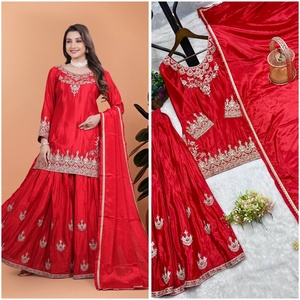 Recién lanzado Colección de moda Fancy Flared Kurta Plazzo Dupatta Pure Chinon Seda Atractivo Bordado Salwar Kameez - Product Image 1