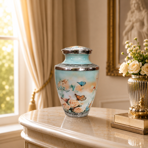 Floral Cremation Urn for Human Ashes | Butterfly <b>Memorial</b> <b>Keepsake</b> | Adult Funeral Burial Urn with Secure Lid | Elegant - Product Image 4