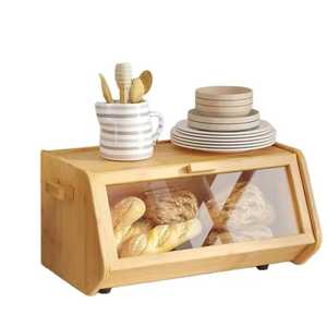 Natural Bamboo Bread Box with Angled Glass Front and Side Handles - Stackable <b>Large</b> Capacity <b>Kitchen</b> Countertop Loaf Storage <b>Bin</b> - Product Image 1
