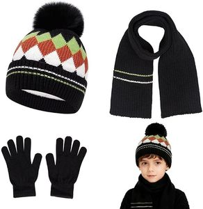 Adult Men Cute Argyle <b>Pom</b> <b>Pom</b> <b>Beanie</b> Hat Scarf Gloves 3 Piece Winter Knit Set 100% Acrylic - Product Image 1