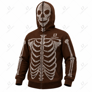Men’s Brown Skeleton Rhinestone Hoodie with Full Zip Balaclava Mask, Crystal Skull Bone Pattern <b>Gothic</b> Hip Hop Streetwear <b>Jacket</b> - Product Image 2