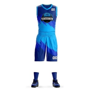 Ensemble d'uniformes de basketball personnalisés imprimés par transfert thermique, respirant, bleu, col en V, sans manches, maillot et short, nom et numéro de l'équipe sur le devant, séchage rapide - Product Image 2