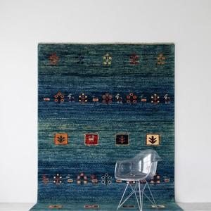 Alfombra de Lana Anudada a Mano Estilo Gabbeh Tradicional, Patrón Geométrico Tribal Azul Verde, Alfombra Hecha a Mano para Sala de Estar - Product Image 1