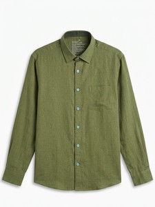 Chemise décontractée homme vert olive en lin/coton, double boutonnage, manches longues, col rabattu, couleur unie, respirante, tissée, pour l'été - Product Image 3