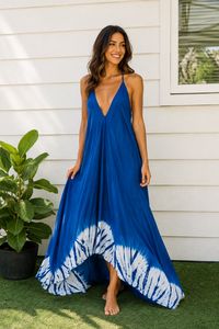 Robe longue bohème bleue pour femme, col plongeant en V, dos nu, pour soirée, 100 % coton, coupe trapèze, vente en gros, fournisseur direct d'usine - Product Image 3