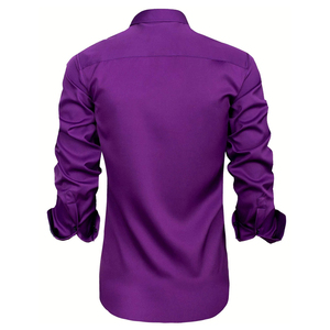เสื้อเชิ้ตผู้ชายทรงเข้ารูป สีม่วง แขนยาว ปกคอปก ผ้าป๊อปลิน สีพื้น สไตล์สมาร์ทแคชชวล แขนยาวเต็มตัว เหมาะสำหรับใส่ในฤดูใบไม้ร่วง - Product Image 6