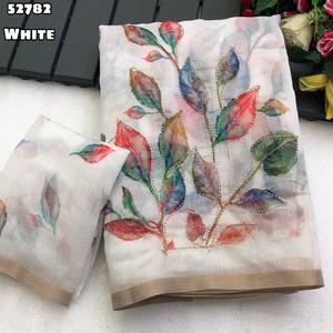 Nuova Collezione di Tessuti Morbidi in Seta Chanderi con Design Floreale, Stampa Digitale, Ricamo Cutdana, Bordo Zari e Trattamento Antipiega per Feste - Product Image 1