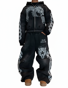 Ensemble de survêtement unisexe à capuche imprimé dragon turquoise, coupe ample avec fermeture éclair intégrale, style streetwear oversize avec poches latérales - Product Image 4