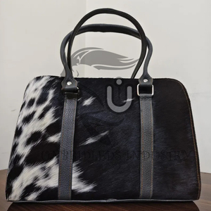 Handmade Black White Hair Handbag with Genuine Leather <b>Straps</b> & <b>Shoulder</b> Belt - Product Image 3