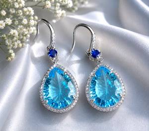 Boucles d'oreilles pendantes de luxe TASBIYA GEMS en argent sterling 925 plaqué rhodium, saphir topaze bleue naturelle avec diamant naturel taille unique - Product Image 3