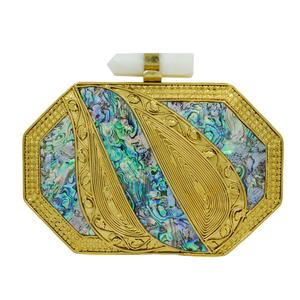 Indian Handcrafted Mother of <b>Pearl</b> Stone Brass <b>Clutch</b> with Sculpted Geometric Panels Luxury Evening Bridal Statement <b>Bag</b> - Product Image 1