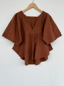 Women Cotton Slub Brown Blouse V Neck Half Sleeve Loose Fit Top Casual <b>Boho</b> Summer <b>Shirt</b> Picnic Holiday Wear - Product Image 1