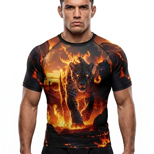 <b>Men's</b> Short Sleeve Rash Guard Fire Leopard Print Quick Dry Polyester <b>Compression</b> <b>Shirt</b> - Product Image 1