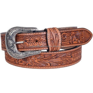 Factory Supply Made in India Full Grain Thick <b>Leather</b> Western Tooling Cowboy <b>Belt</b> Stylish Antique Buckle Tooled <b>Leather</b> <b>Belt</b> - Product Image 2