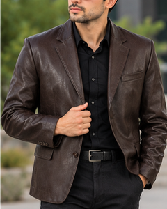 Men's Brown PU Leather Leather <b>Jacket</b> Slim Fit Single Button Crew Neck <b>Smart</b> <b>Casual</b> Quick Dry Breathable Streetwear Hooded Wool - Product Image 4