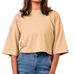 T-shirt court jaune pour femme, manches courtes, col rond, coupe ample, en coton tricoté, décontracté, printemps-été, couleur unie, respirant - Product Image 2
