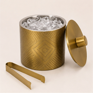 Seau à glace de luxe en laiton géométrique avec couvercle et pince, conteneur isotherme double paroi en acier inoxydable doré pour champagne et vin - Product Image 6