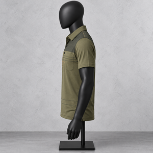 Men's Olive Green Short Sleeve <b>Polo</b> <b>Shirt</b> With <b>Striped</b> Pattern And Chest Pocket Casual Woven Design - Product Image 2