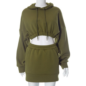 Women Olive Green Hooded Crop Top Tracksuit <b>Set</b> Full Sleeve Solid Color Casual <b>Jogger</b> With Side Pockets Elastic Waist - Product Image 1
