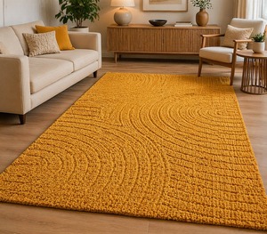 Mustard <b>Yellow</b> <b>Wool</b> Abstract Modern Carving Area Rug Handmade Tufted Non-Slip PET Friendly Low Pile 0.7mm Thick Minimalist Rug - Product Image 4