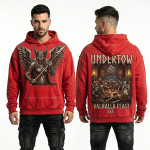 Sweat-shirt à capuche personnalisé rose corail pour homme, motif 'Undead Beach Party', style streetwear vintage vieilli, coupe oversize en coton - Product Image 4
