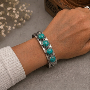 Town JT-044 Hydro Turquoise Oval Wide <b>Cuff</b> Bangle Gold/<b>Silver</b> Plated Brass Bezel Set Classic Western Style Unisex Gift Rajasthan - Product Image 2