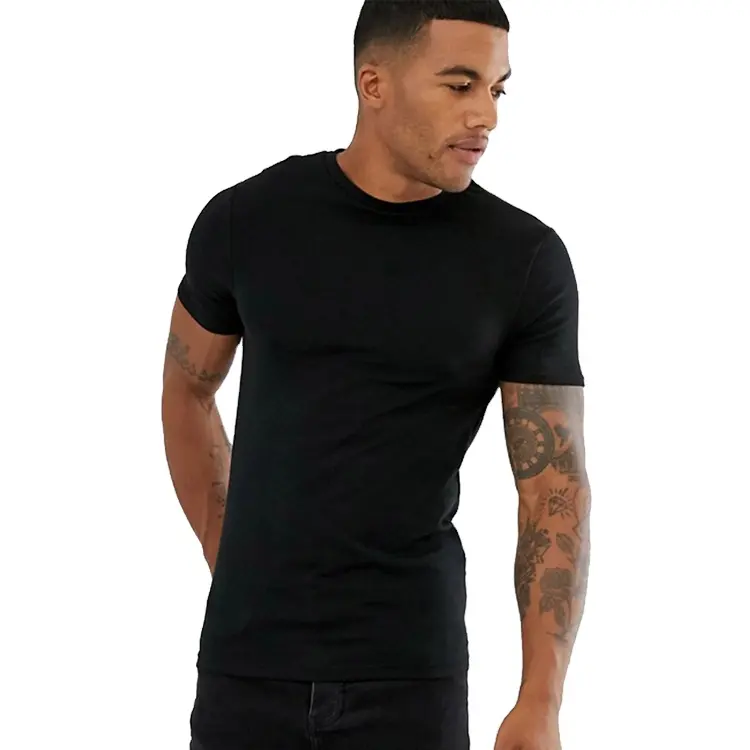 T-shirt manches courtes col rond pour hommes, Slim et très Long, noir, personnalisé, vente en gros, design